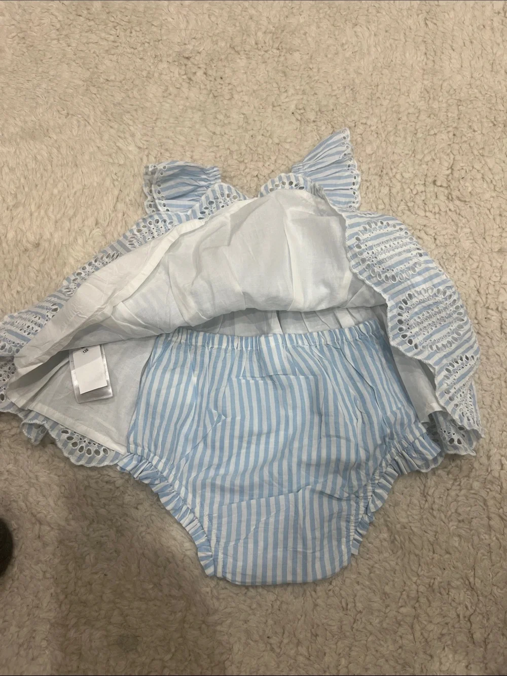 Blue & White Striped Eyelet Baby Dress with matching Short
